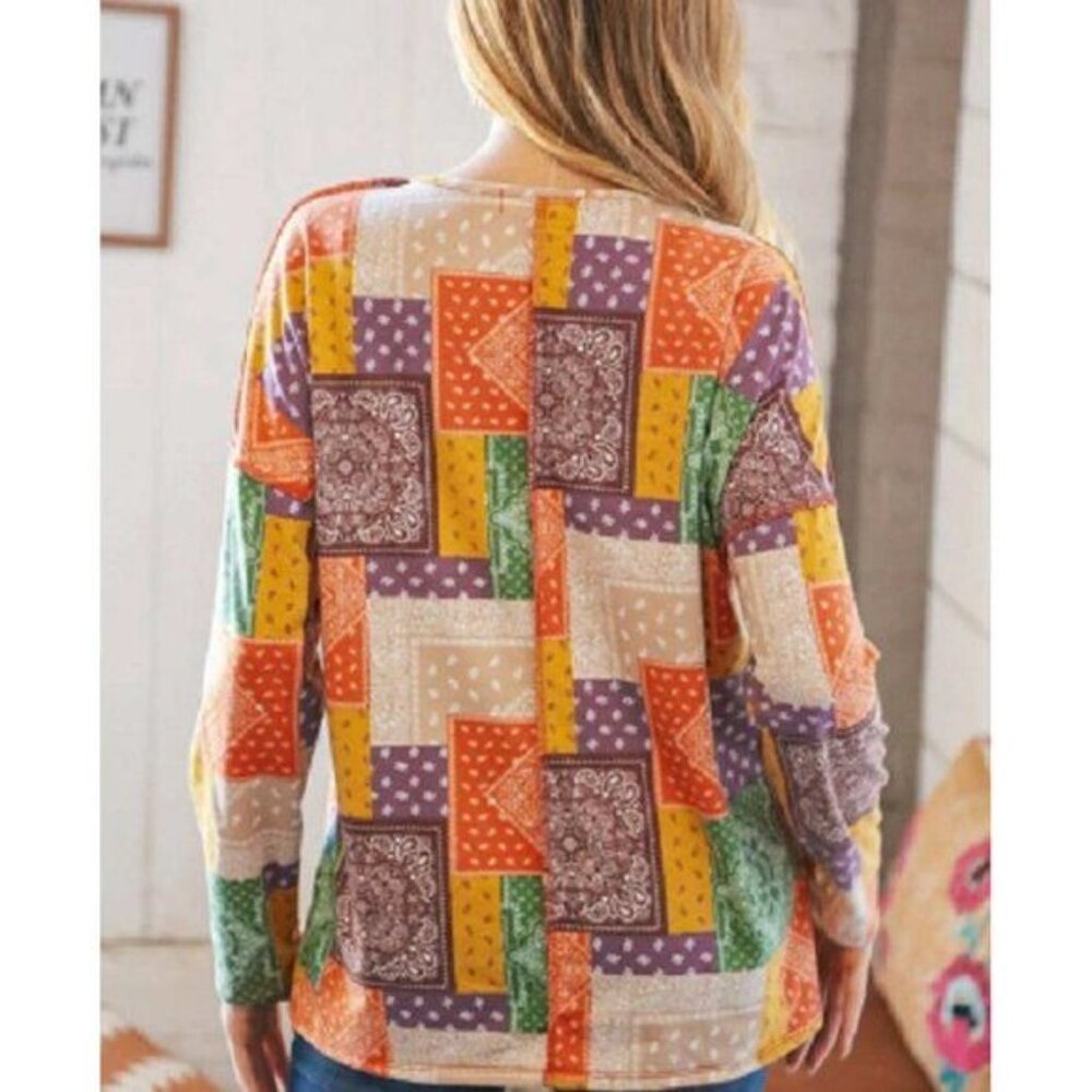 Multicolor Patchwork Button Down Terry Outseam To… - image 2